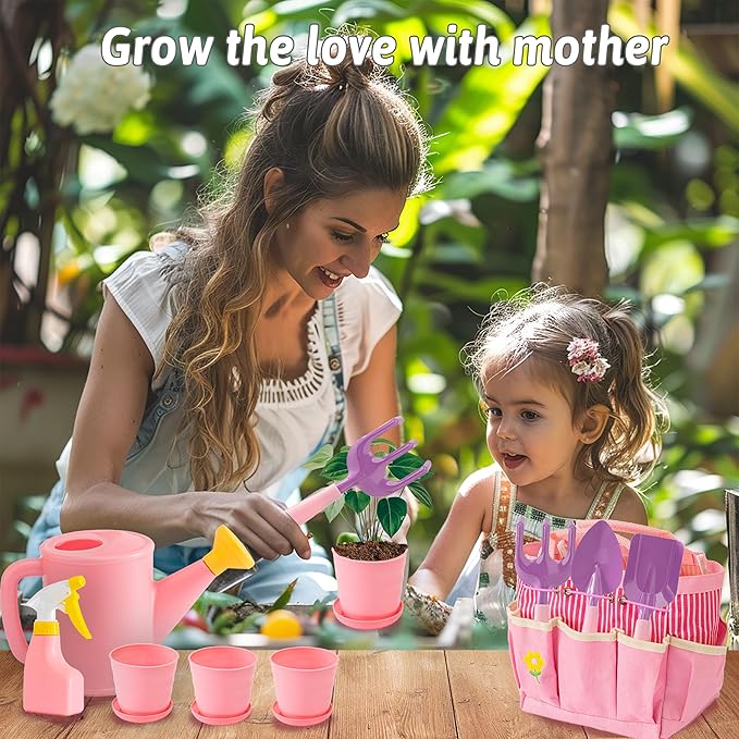 JOI MEW Kids Pink Gardening Tools Set, Garden Toys w/Metal Rake, Shovel, Trowel, Watering Can, Gloves, Tote Bag, Plant pots, DIY Bookmark Kits, Spring Summer Toy Outdoor Gift for Toddler Boy Girl