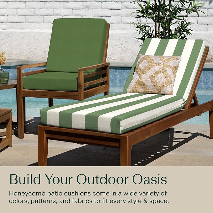 Honeycomb Outdoor Chaise Lounge Cushion for Patio Furniture, Water & Fade Resistant, Removable Cover, 21.5 x 70, Heritage Cabana Stripe Green & Cream