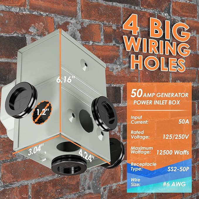 UL Listed 50 Amp 25FT Generator Cord and Power Inlet Box Combo Kit NEMA 14-50P Male to SS2-50R STW 6/3+8/1 AWG 125/250V Twist Locking with Inlet Box for Generator to House