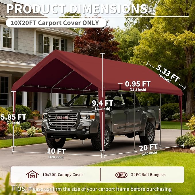 Carport Replacement Canopy Cover 10'x20' for Tent Top Garage Shelter Cover, 800D Heavy Duty Oxford Waterproof & UV Protected Car Canopy Tarp with Ball Bungees (Frame is not Included)