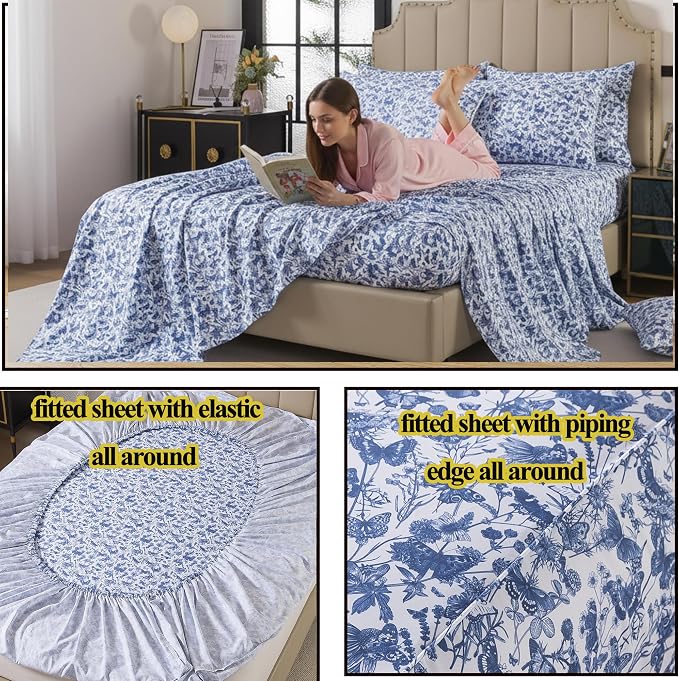 FADFAY Blue Toile Sheets Set Cal King French Country Farmhouse Bedding Vintage Butterfly Floral Bedding 100% Egyptian Cotton Soft Sheet Set with Deep Pocket Fitted Sheet 4Pcs, California King Size