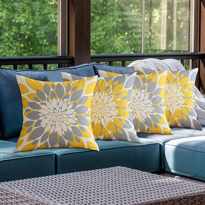 Qahing Pack of 4 Fall Outdoor Waterproof Pillow Covers 16x16 Decorative Outdoor Throw Pillows Garden Square Cushion Cases for Patio Furniture, Couch, Tent Sunbrella, Bench, Mustard Yellow Grey