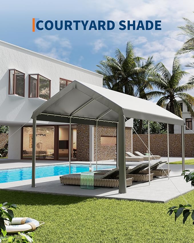 10X20Ft Heavy Duty Carport, Portable Heavy Duty Garage Shelter with Powder Coated Steel Frame, Waterproof UV-Resistant Triple-Layer Tarp, Garage Tent for Cars, Trucks and Boats, Grey