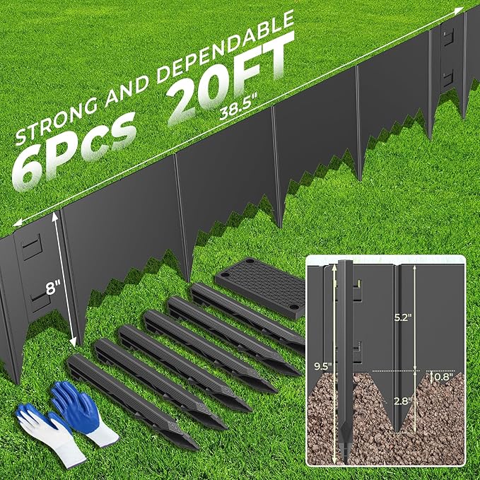 6-Pack Heavy Duty Metal Garden Border (20FT), 8 in *37 in Hammer-in Landscape Edgings with 6 Pcs Plastic Stakes, Bendable Lawn Edgings for Yard, Tree Rings, Lawn,Pathway-Black