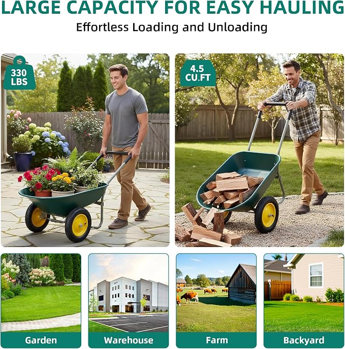 Autodaya Dual-Wheel Garden Cart, 14" Pneumatic Tires & Built-in Stand, 4.5 Cu Ft Utility Yard Wheelbarrow for Gardening, Soil, Construction, Easy Assembly