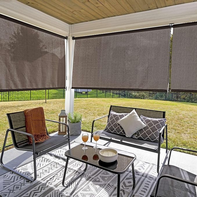 Coolaroo Outdoor Roller Shade with Wand - 90% UV Block Breathable Light Filtering Shade for Patio or Porch, Fade-Resistant, Mold-Resistant Easy-Clean Fabric, 4ft x 6ft, Mocha