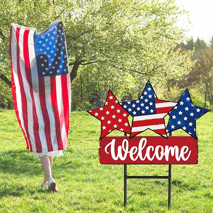 JarThenaAMCS Patriotic Metal Garden Stakes Vintage 4th of July Star Decorative Lawn Sign Welcome Yard Sign for 250th Anniversary Independence Day Home Outside Lawn Porch Decor