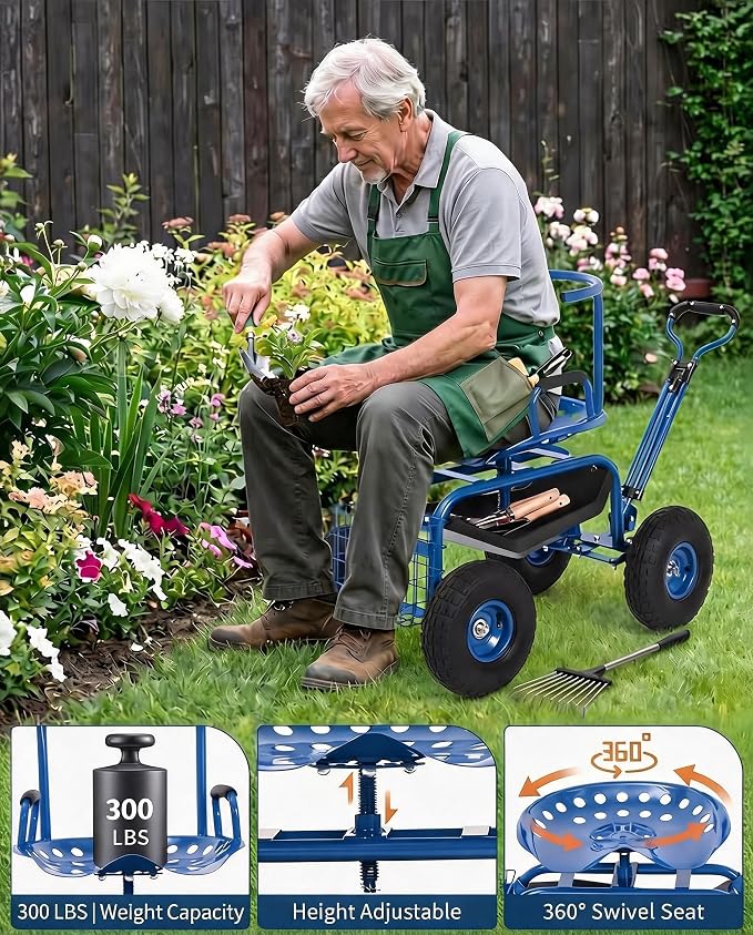 Rolling Garden Work Seat with Wheels, 360° Swivel Seat Gardening Cart with Extendable Steering Handle, Tool Tray and Storage Basket, 300 lbs Capacity, Gardening Stools for Patio, Yard, and Outdoors