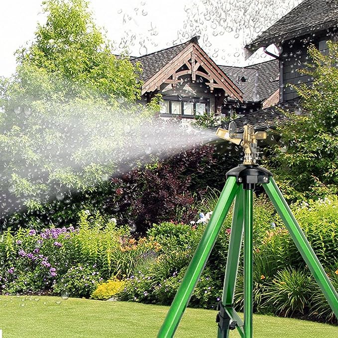 Impact Sprinkler on Tripod Base, Heavy Duty Adjustable Zinc Sprinkler Head for Lawn Yard Garden, 360 Degree Large Area Irrigation, 3/4" Connector Extension Legs Flip Locks, 2 Pack