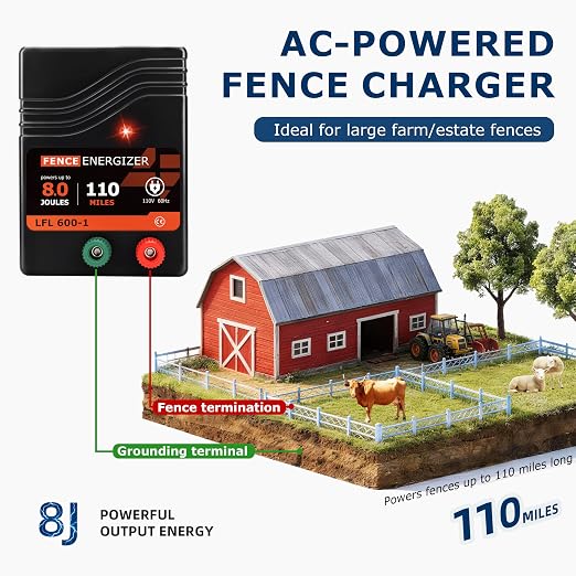 Electric Fence Charger AC Powered 110 Miles, 110 Volt 8 Joule Plug-in Electric Fence Energizer, Output Voltage Max 11.3 KV for Livestock, Preventing Predators from Intruding