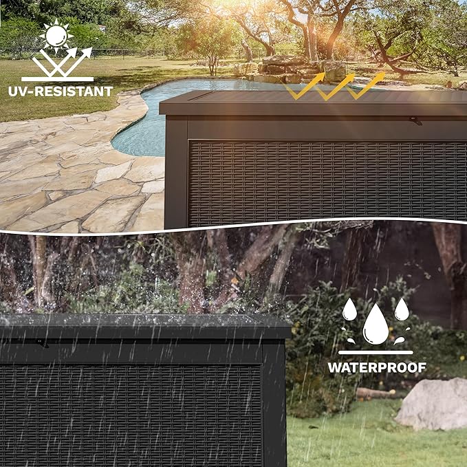 DWVO 320 Gallon XXL Extra Large Deck Box, Resin Outdoor Storage Box, Lockable & Waterproof, Double as Seating, 1000lbs Capacity (Black)