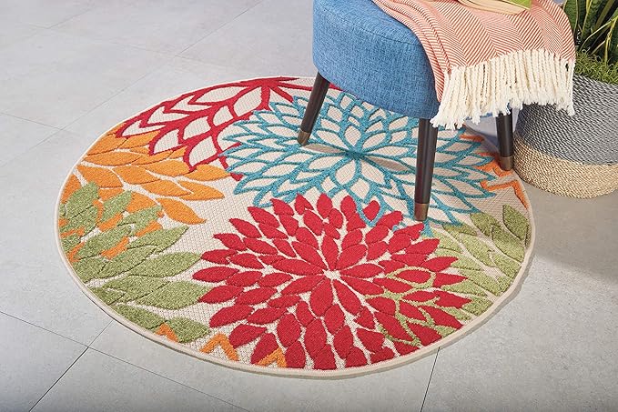 Nourison Home Aloha Indoor/Outdoor Green 4' x Round Area-Rug, Tropical, Botanical, Easy-Cleaning, Non Shedding, Bed Room, Living Room, Dining Room, Deck, Backyard, Patio (4 Round)