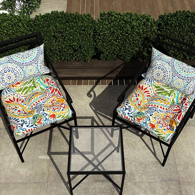 LVTXIII Outdoor/Indoor Tufted Seat Cushion, Decorative Wicker Chair Pads All Weather Seat Cushion Sets for Patio Garden Home Office Furniture, 19”x19”x4”, Round Back, Pack of 2, Paisley Multi