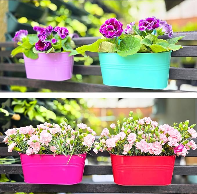 LaLaGreen Rail Planter (17 Inch, 6 Pack) Colorful Outdoor Hanging Flower Metal Planters Railing Fence Balcony Gardening for Apartment Patio Modern Garden Style Iron Deck Decoration Porch Decor Pots