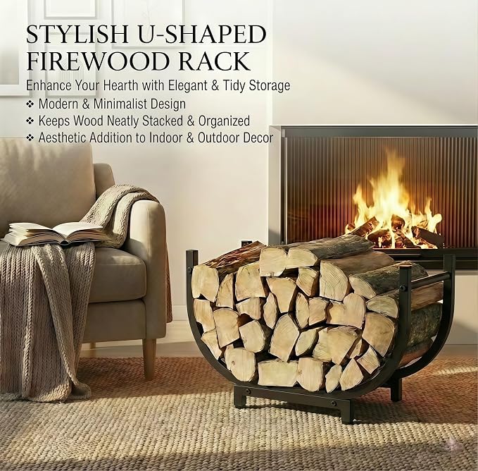 30 Inch Firewood Rack Outdoor Indoor, Heavy Duty U-Shape Alloy Steel Log Holder for Fireplace Decor, Rustproof Wood Storage with 300 LBS Capacity, Black