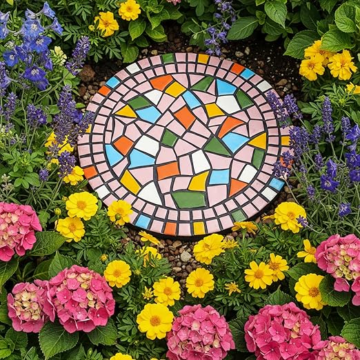 Garden Decoration - Mosaic Stepping Stone - Patio Decoration Stone 12 Inch (1, Pink, Medium)