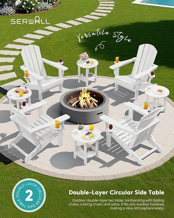 SERWALL Round Outdoor Side Table Set of 4, HDPE Small Adirondack Double End Table, White