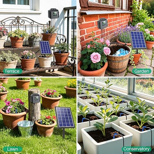 NFESOLAR 4W Solar Drip Irrigation Kit for Outdoor Indoor Plants, Customizable Watering Duration 1–30min & Interval 3h–7d, Solar Irrigation System for Garden Patio Balcony Vacation