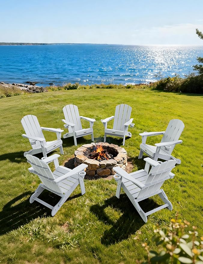 Folding Adirondack Chair Set of 6, Wooden Textured Plastic Adirondack Chairs with 2 Cup Holder, Weather Resistant HDPE Fire Pit Chair, Outdoor Patio Chairs for Garden, Backyard, Lawn, Deck, White