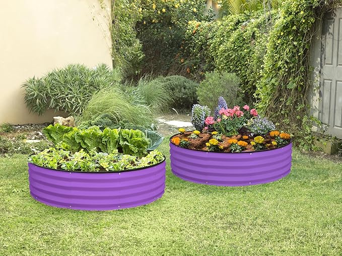 Plant & Plot Round Galvanized Raised Garden Bed // 4×4×1 ft (2-Pack) Galvanized Raised Garden Beds Outdoor for Gardening, Vegetables, Flowers // Patented Tool-Free Design Round Planter (Purple)