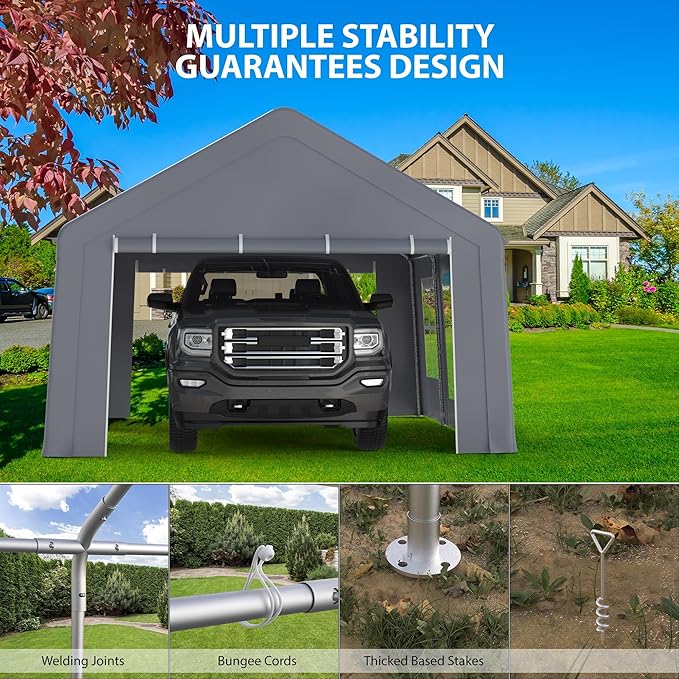 13x20FT Heavy Duty Portable Garage, Waterproof Carport with 5 Roll-Up Ventilated Windows & Removable Sidewalls, Garage Tent Shelter with 220G PE Tarp Cover for Temporary Paint Booth, Boats&Pickups