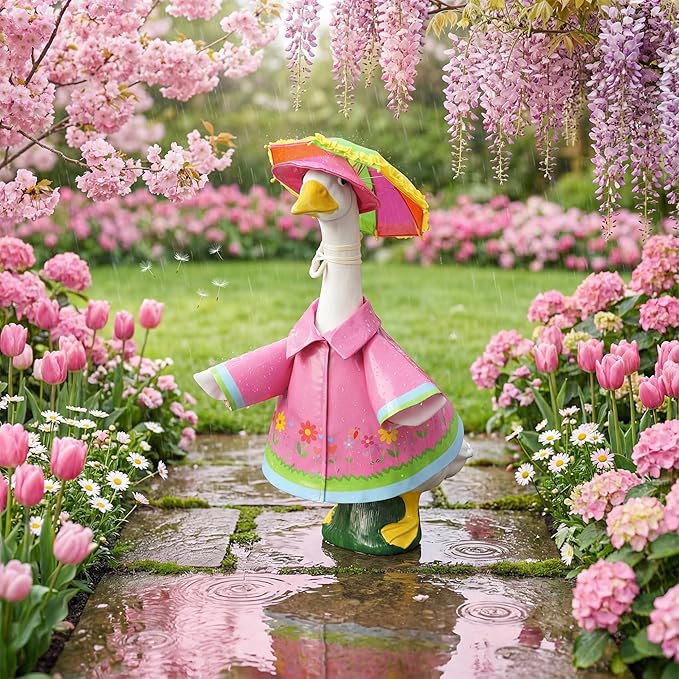 DECOHS 3 Pcs/Set Raincoat Porch Goose Outfits, Summer Lawn Goose Statue Raincoat Costume, Yard Goose Clothes Raincoats Umbrella Hat Outfit for 23" Statue Patio Garden Decoration (Rosy)