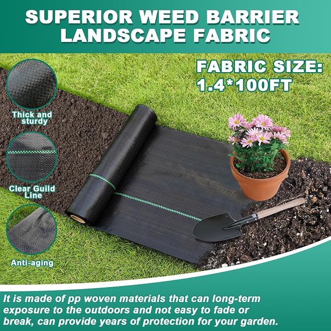 1.4FT x 100FT Weed Barrier Fabric 3.2OZ Heavy Duty, Narrow Permeable Weed Control Cloth for Garden Beds, Path, Flower Edging