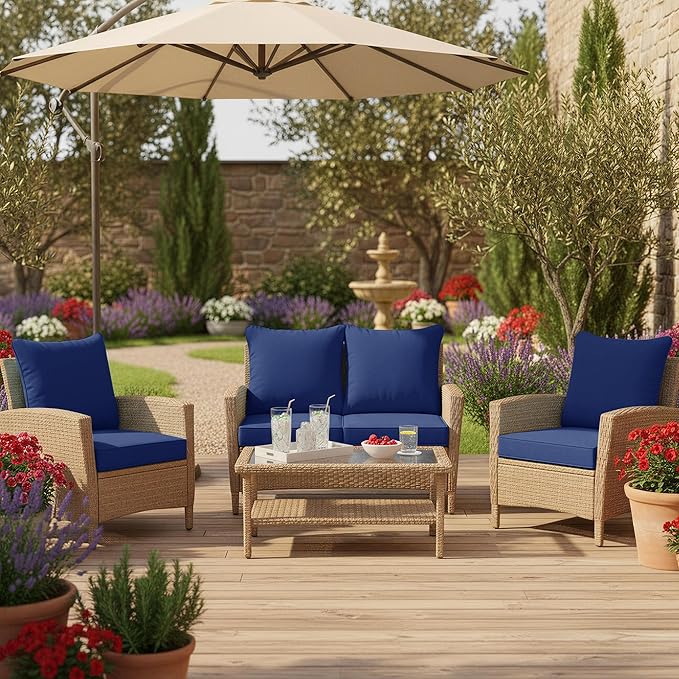 Summsun Patio Chair Cushion Set with Removable Cover, Waterproof Backrest and Seat Cushion Set Replacement for Outdoor Furniture, 19 x 19 Inch, Navy, Set of 4