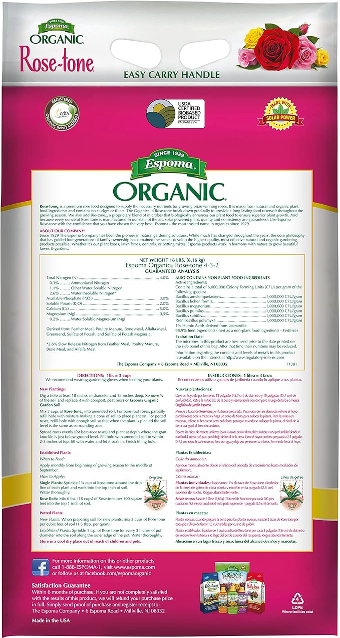 Espoma Organic Rose-Tone 4-3-2 Organic Fertilizer for All Types of Roses and Other Flowering Plants. Promotes Vigorous Green Growth and Abundant Blooms. 18 lb. Bag - 2 Pack