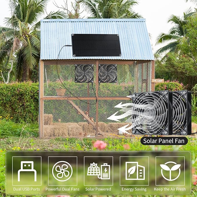 10w 12v Solar Panel Dual Fans Kit Waterproof Outdoor Solar Powered Exhaust Ventilation Fan Dual USB Portable Solar Attic Fan for Chicken Coop Greenhouse Shed PET Houses Window (1 Set)