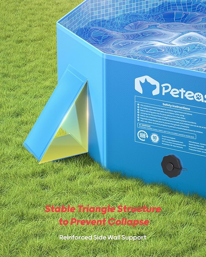 Peteast Foldable Dog Kiddie Pool with Stable Side Support, Hard Plastic Shell Portable Dog Pool, Collapsible Swimming Pools for Pet and Kids, 64 in