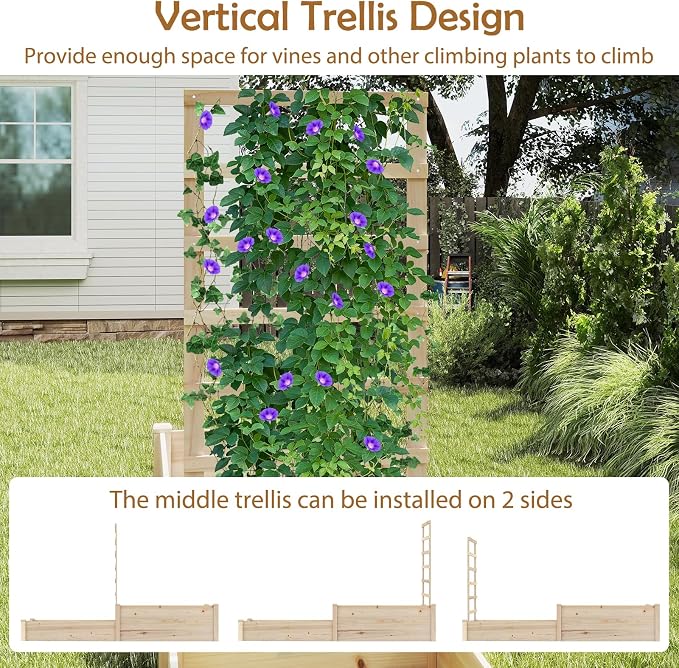 Giantex Wooden Raised Garden Bed with Trellis & 2 Planter Boxes, Raised Bed for Vegetables Flowers Vine Fruits Herbs Gardening Planting, Outdoor Garden Box for Patio Backyard Lawn