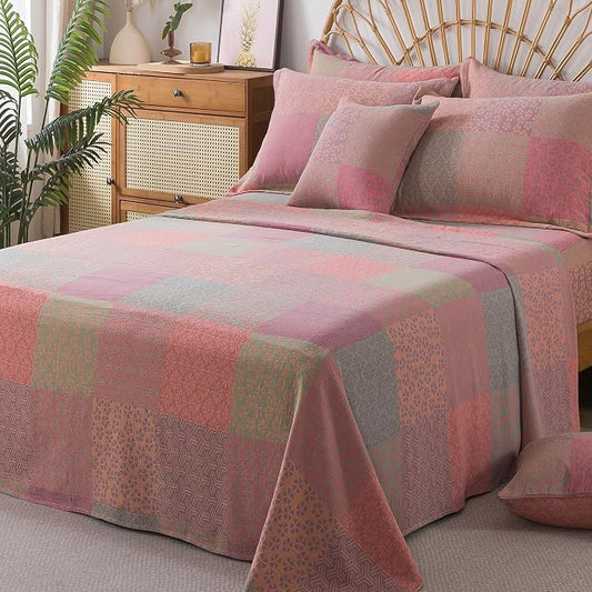 FADFAY Queen Sheets Set 100% Cotton Washed Double Gauze Muslin Bedding 4Pcs Boho Patchwork Checkered Floral Sheets Shabby Geometry Farmhouse Bedding Super Soft Deep Pocket Fitted Sheet, Queen Size