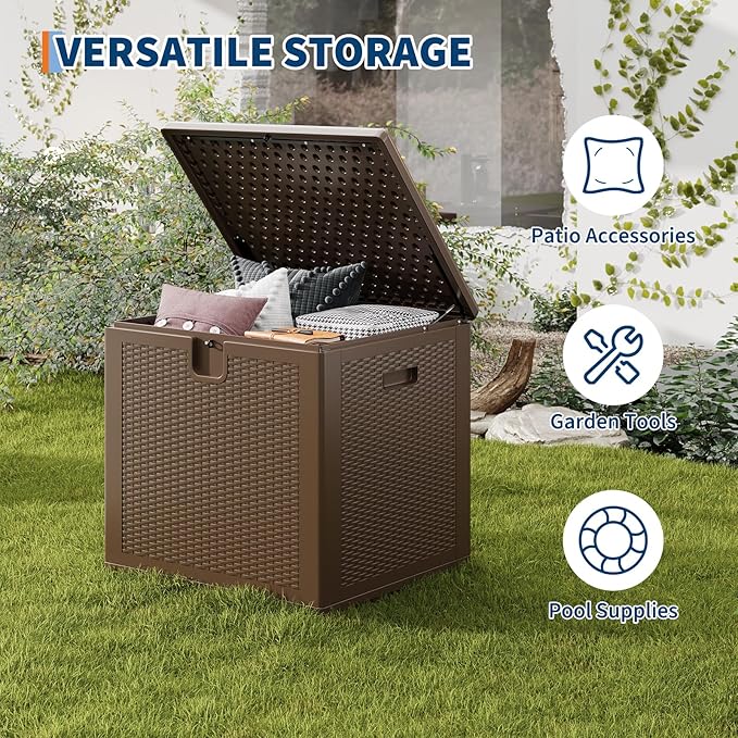 GarveeLife 80 Gallon Outdoor Storage Box, Large Resin Deck Box with Hydraulic Air Rod, Weatherproof & Lockable Outdoor Storage Bin for Patio Cushions, Garden Tools, Pool Supplies, Porch, Brown