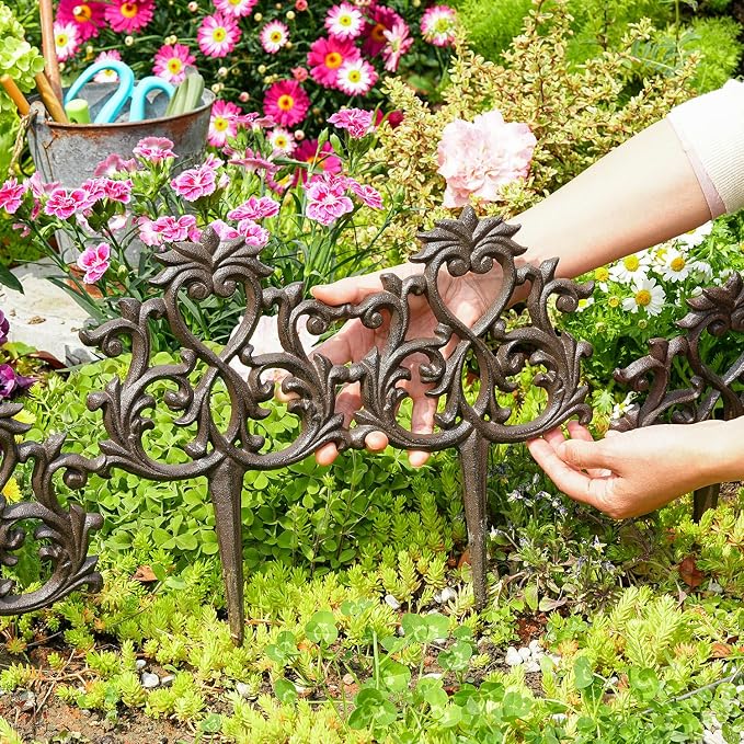 Sungmor Decorative Cast Iron Garden Edging,4 Pack Vintage Garden Border Fence for Lawn, Flower Beds and Patio,Heavy Duty Rustic Ornate Metal Fences,Brown Finish