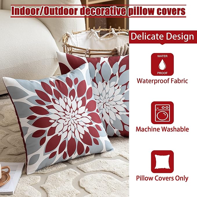 Qahing Pack of 4 Outdoor Waterproof Pillow Covers 24x24 Decorative Outdoor Throw Pillows Garden Square Cushion Cases for Patio Furniture, Couch, Tent Sunbrella, Bench, Burgundy Red Grey