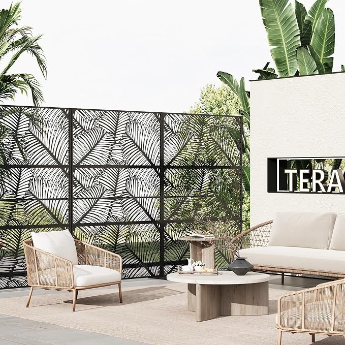 72" h × 47" w Outdoor Privacy Screen, Laser Cut Metal Garden Divider Panel with Tropical Leaf Design, Freestanding Weatherproof Privacy Fence for Patio Deck Backyard Balcony