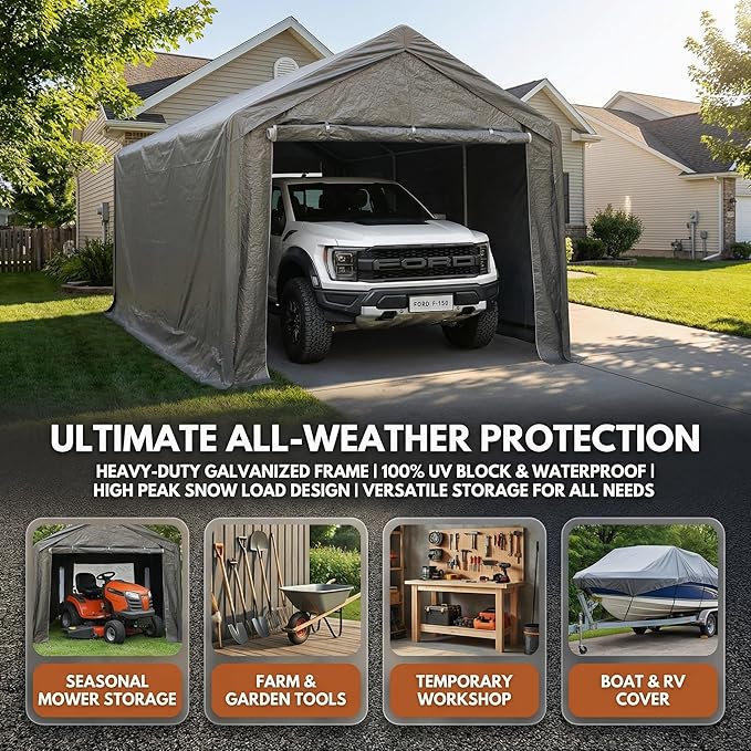 HOTEAGLE Storage Shed, 3/4 inch Thick Support Rods & Bolted Frame (Not Socket), Rolled Up Doors and Ventilation Window, Carports Car Tent 10X20 Ft