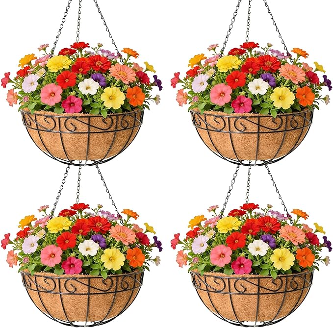 4 Pack 14 Inch Metal Hanging Planter Basket，Natural Round Coconut Hanging Plant Flower Pot，Coconut Coir Planter for Hanging Basket Flowers/Vegetables Home Garden Patio Decoration Flower
