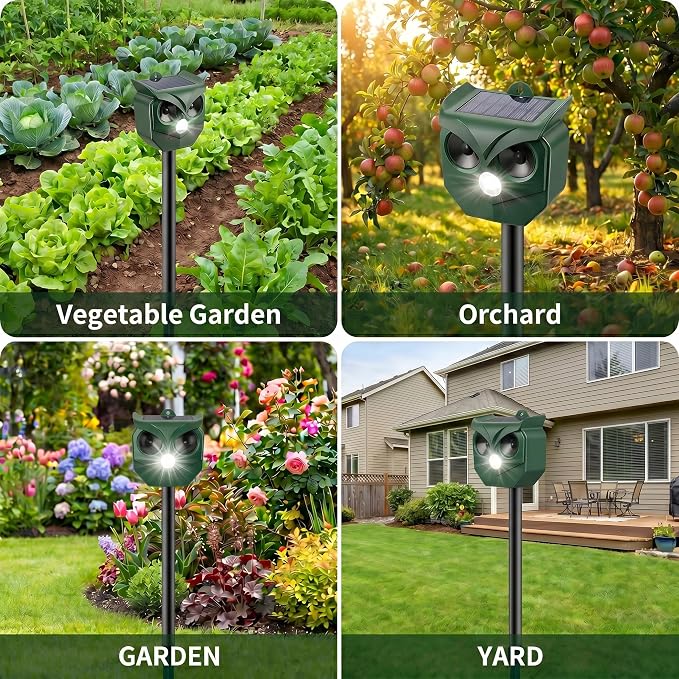 4 Pack Solar Ultrasonic Animal Repeller with Flashing LED Lights – Cat Deterrent Outdoor for Squirrels, Deer, Raccoons, Rabbits, Skunks, Dogs – Protects Garden, Yard, Lawn, Farm & Crops