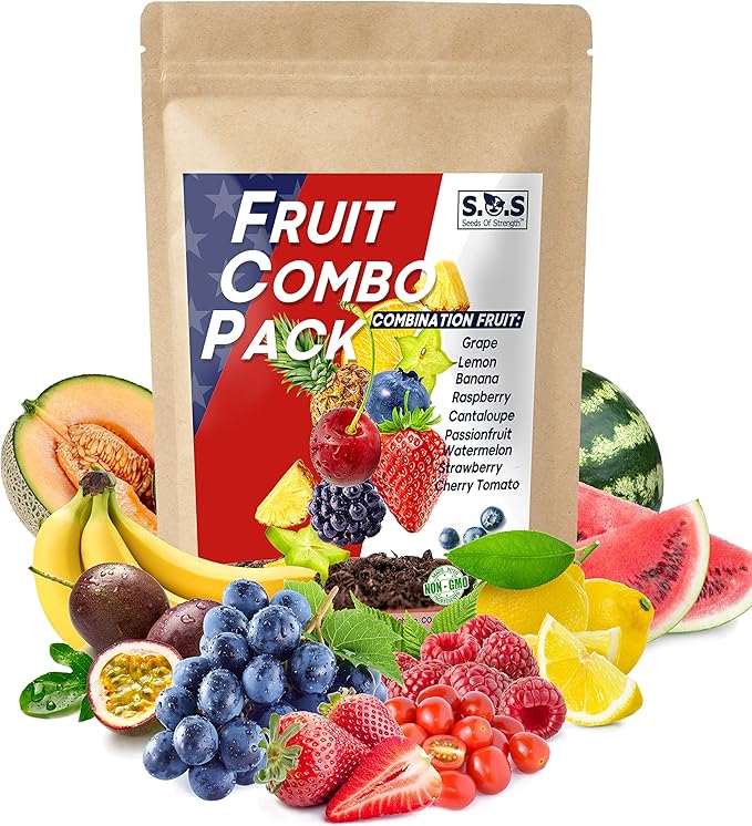 8 Varieties Survival Heirloom Fruit Seeds Pack - Cherry Tomatoes, Cantaloupe, Watermelon, Strawberries, Passion Fruit, Lemons, Raspberries, Grape Seeds for Planting (8 Varieties)