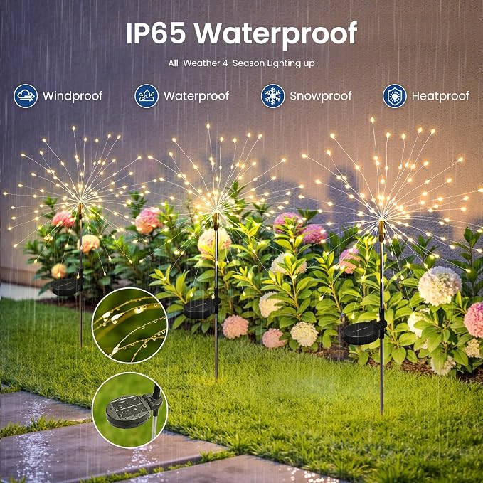 Solar Lights Outdoor, 120LED 2pack Fairy Garden Lights Decor for Outside Fireworks Lights Solar Powered for Yard, Patio, Pathway, Walkway, Balcony, Warm White