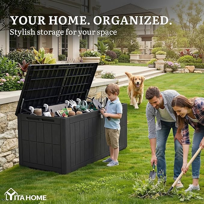 YITAHOME 134 Gallon Large Deck Box, Waterproof Resin Outdoor Storage Box with Lock, Doubles as 2-Person Bench Seating for Patio Furniture Cushions,Garden Tools & Pool Accessories, Black