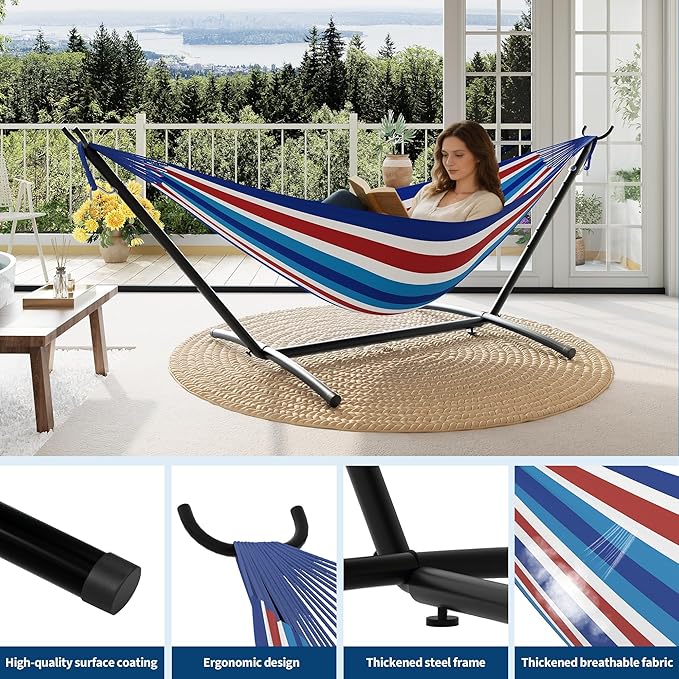 Garvee 2 Person Hammocks with Stand for Outside, Double Hammocks Portable Space Saving Heavy-Duty Steel Stand for Indoor Outdoor Patio with Carrying Bag, 450 lbs Capacity