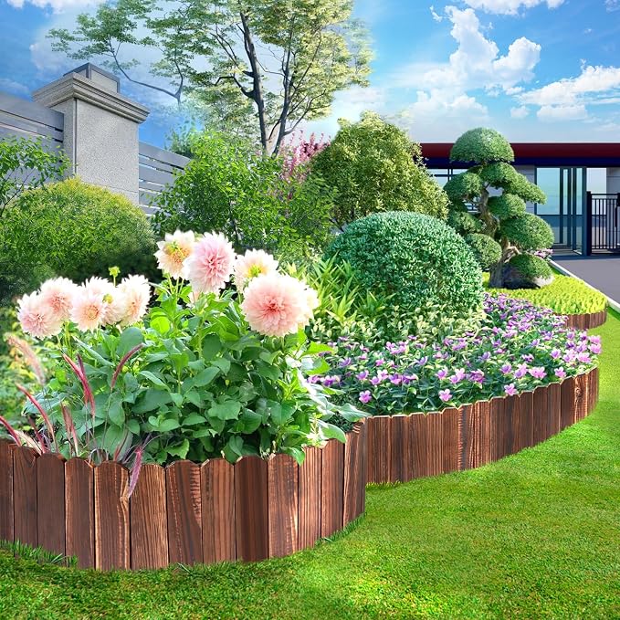 LINSHRY Wood Garden Edging, 4 Pack 7.9 in H x 3.9 ft L Wood Garden Fence for Landscape/Flower Bed Edging Borders, Garden Wooden Fence Edging (Total 15.6ft Length)