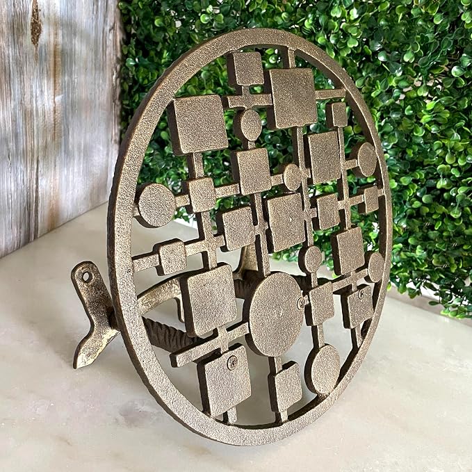 Zeckos Mid-Century Modern Cast Iron Circles & Squares Hose Holder – Bronze Finish, Wall-Mounted, Weather Resistant, Durable Outdoor Storage, 11.75 Inch Diameter