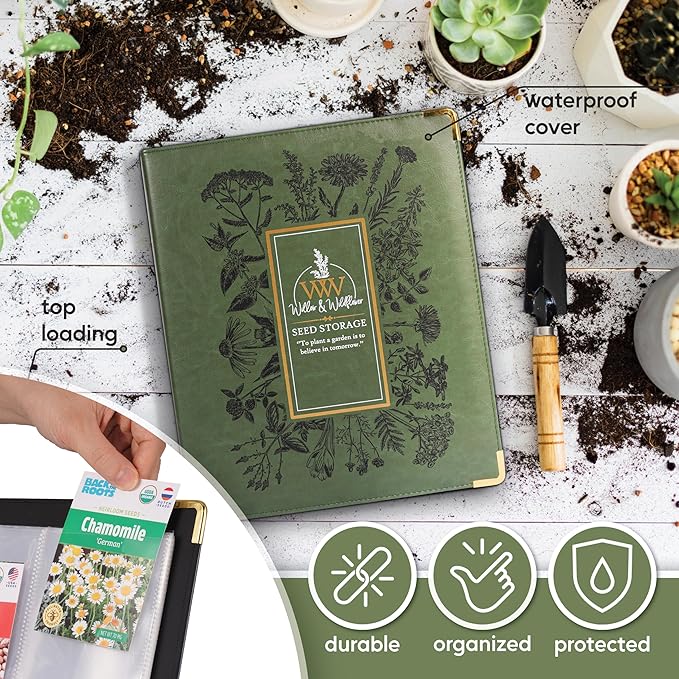 Create-ables Willow and Wildflower Garden Seed Organizer Binder, Seed Storage Organizer, Garden Binder Book for Packet Storage Catalog Can Store 120 Packets with Dibber and Widger (Moss Green)