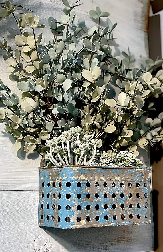 Antique Blue Wall Planter Hanging Metal Bucket Container Organizer for Flowers Succulent Air Decorative Plants Tools Distressed Indoor or Outdoor 9 x 8.5