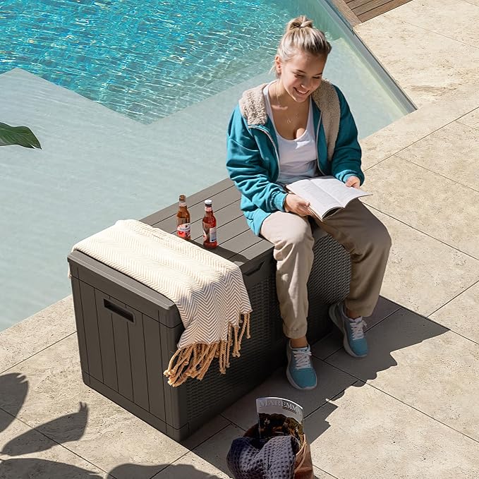 Flamaker Outdoor Storage Box 100 Gallon Waterproof Resin Deck Box Delivery with Air Rod Indoor Outdoor Lockable Storage Bench for Patio Cushions, Tools, Pool Accessories (Deep Brown)