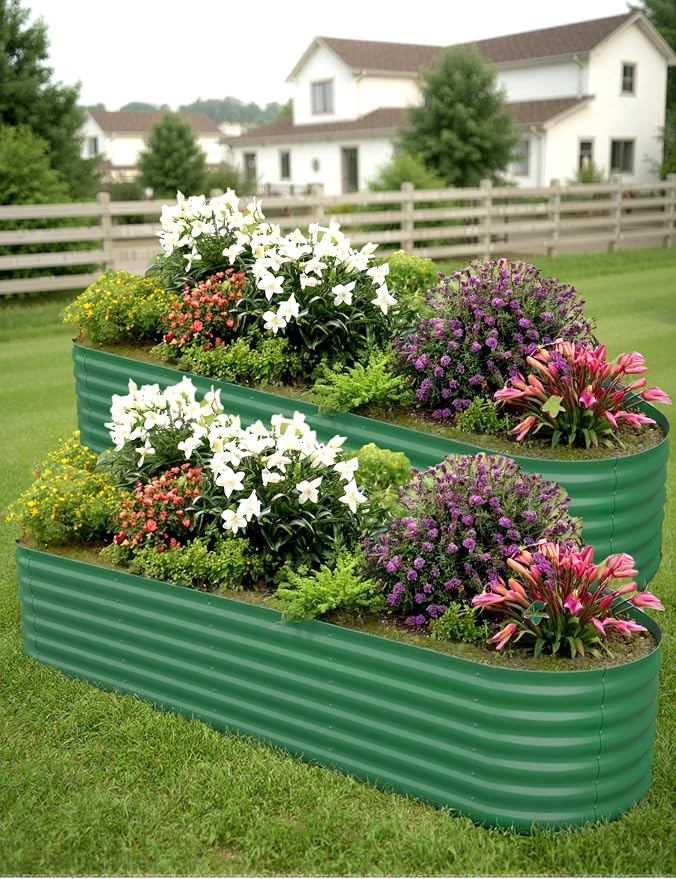 GarveeLife 8x2x1.5 ft 2-Pack Raised Garden Bed - Galvanized Steel Outdoor Planter Box for Vegetables, Flowers & Herbs - Durable Rust-Resistant Garden Box, Easy Assembly Raised Beds for Gardening,Green